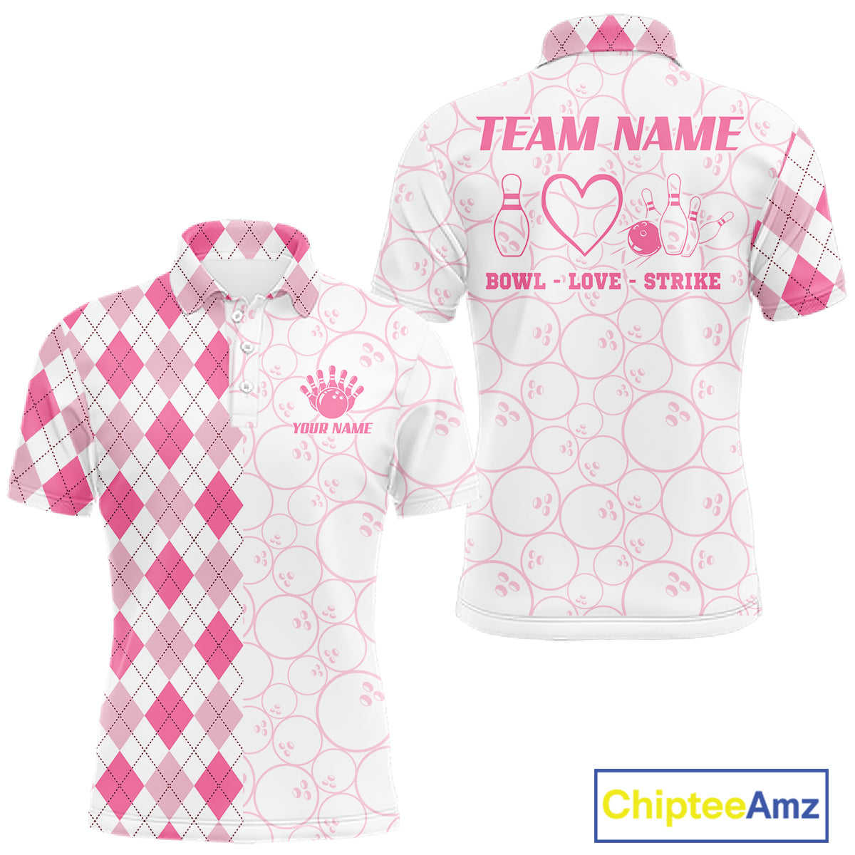 Personalized Pink Argyle Bowling Jersey For Men Custom Bowling Shirt Team Polo & 1/4 Zip TDM6265