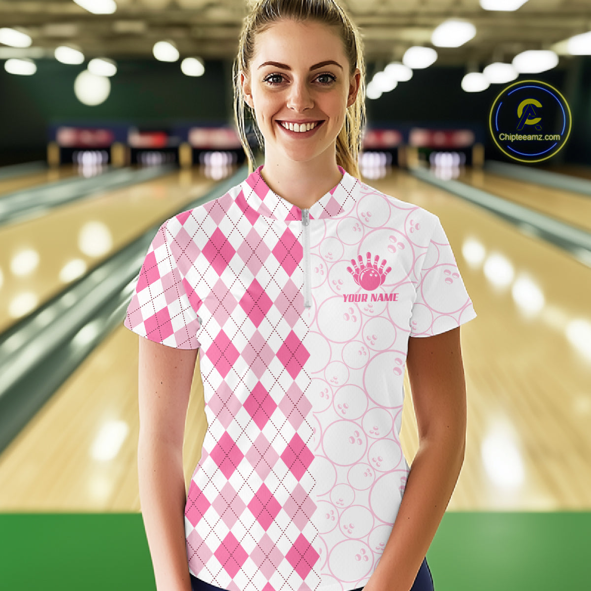 Personalized Pink Argyle Bowling Jersey For Women Custom Bowling Shirt Team Polo & 1/4 Zip TDM6265