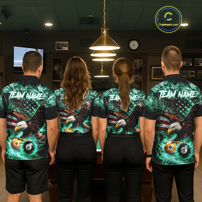 Turquoise Flaming Eagle 8 Ball 9 Ball Pool Billiard Shirt For Men Custom US Flag Billiard Jersey TDM7162