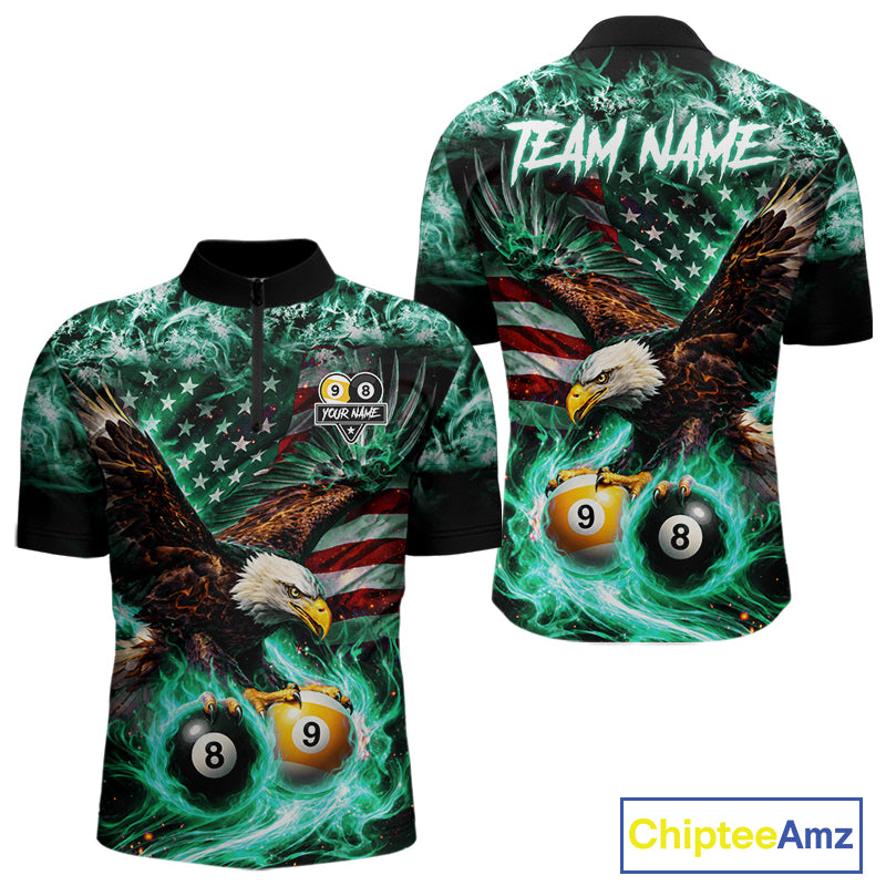 Turquoise Flaming Eagle 8 Ball 9 Ball Pool Billiard Shirt For Men Custom US Flag Billiard Jersey TDM7162