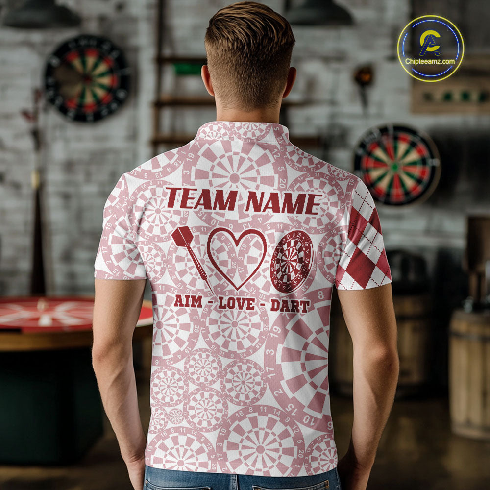 Aim Love Darts Custom Red Argyle Men Darts Polo & 1/4 Shirts, Funny Darts Shirts Darts Team Jersey TDM5661