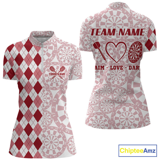 Aim Love Darts Custom Red Argyle Women Darts Polo & 1/4 Shirts, Funny Darts Shirts Darts Team Jersey TDM5661