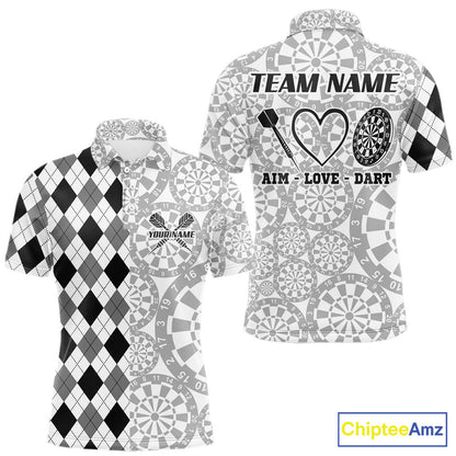 Aim Love Darts Custom Black Argyle Men Darts Polo & 1/4 Shirt, Funny Darts Shirts Dart Team Jersey TDM5662
