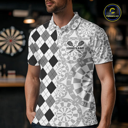 Aim Love Darts Custom Black Argyle Men Darts Polo & 1/4 Shirt, Funny Darts Shirts Dart Team Jersey TDM5662