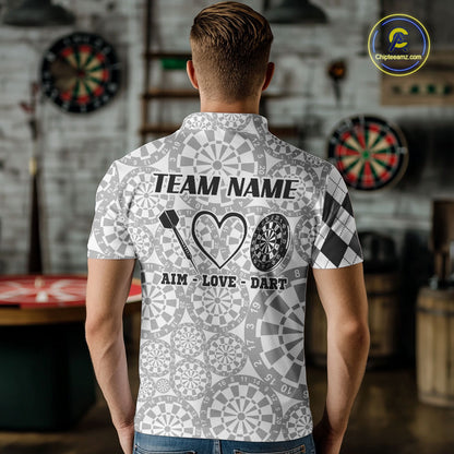 Aim Love Darts Custom Black Argyle Men Darts Polo & 1/4 Shirt, Funny Darts Shirts Dart Team Jersey TDM5662
