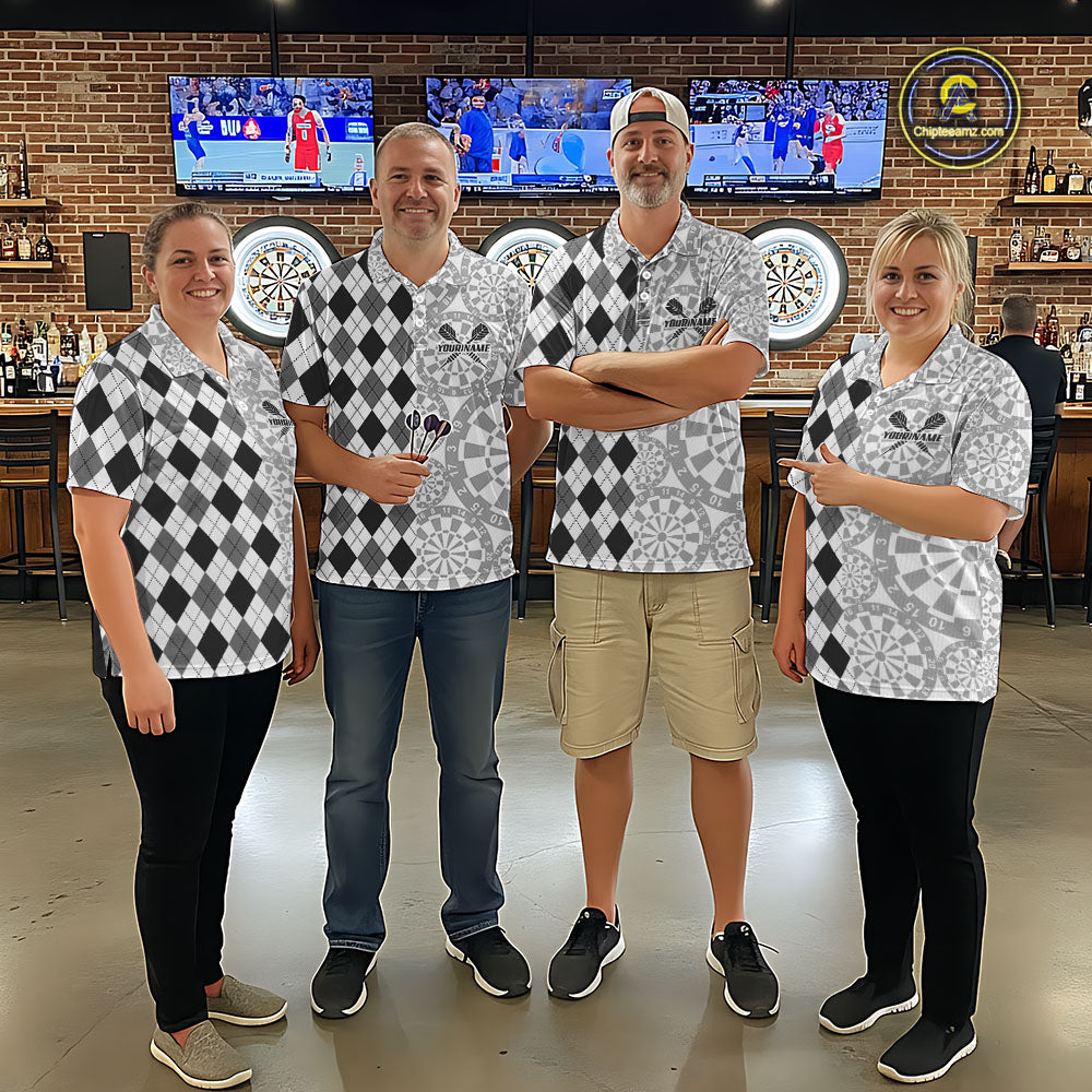 Aim Love Darts Custom Black Argyle Men Darts Polo & 1/4 Shirt, Funny Darts Shirts Dart Team Jersey TDM5662