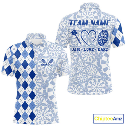 Aim Love Darts Custom Blue Argyle Men Darts Polo & 1/4 Shirts, Funny Darts Shirts Dart Team Jersey TDM5663