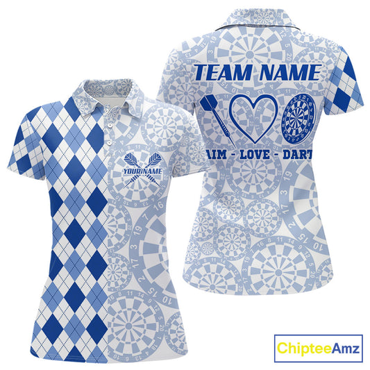 Aim Love Darts Custom Blue Argyle Women Darts Polo & 1/4 Shirts, Funny Darts Shirts Dart Team Jersey TDM5663