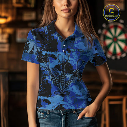 Custom Grunge Blue Camo Arrow Darts Shirts For Women, Retro Darts Jersey Team Polo & 1/4 Zip TDM5664