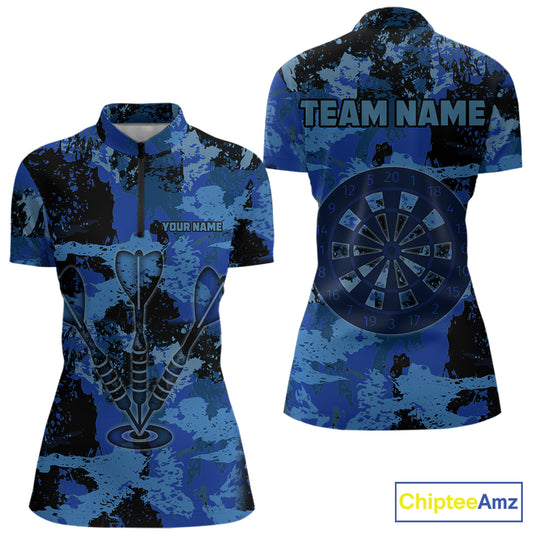 Custom Grunge Blue Camo Arrow Darts Shirts For Women, Retro Darts Jersey Team Polo & 1/4 Zip TDM5664