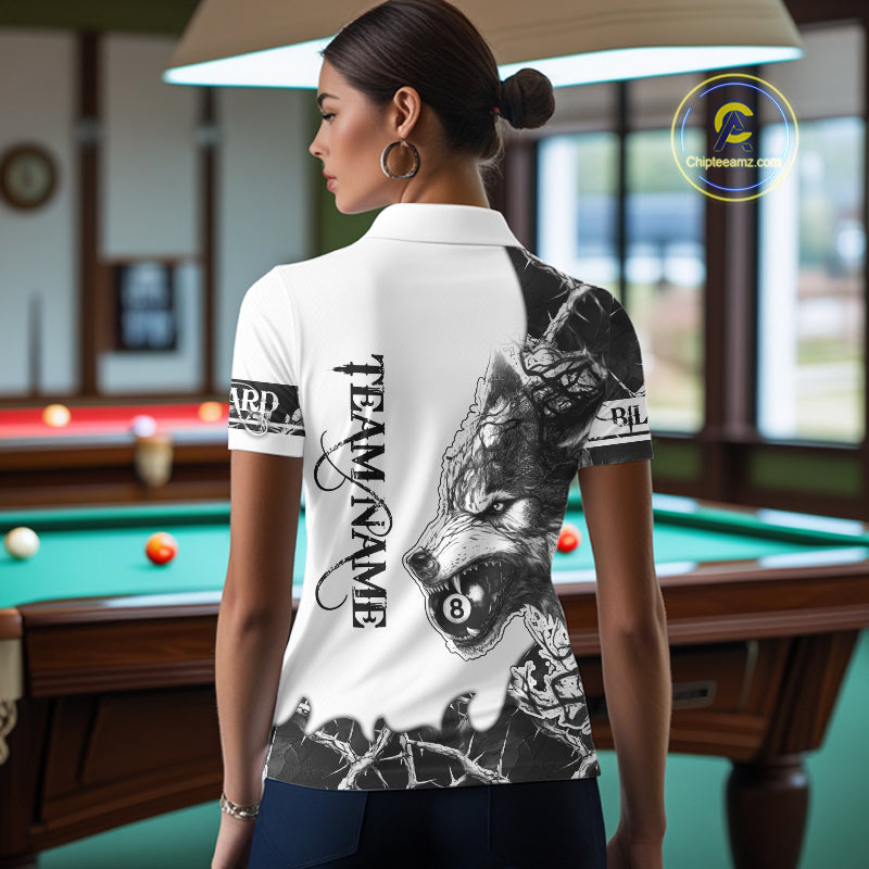 White Black Thorny Camo Wolf Billiard Shirts For Women Custom 8 Ball Pool Team Jersey Polo & 1/4 Zip TDM5668