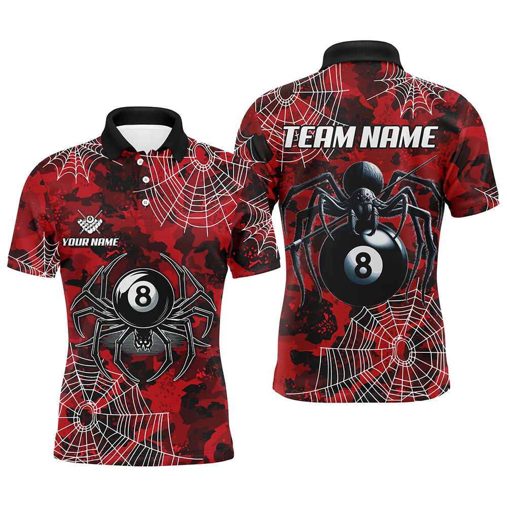 Red Camo Billiard Spider Cobweb Custom Men Polo & Quarter-Zip Shirts, Unique 8 Ball Pool Jerseys TDM1766