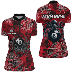 Red Camo Billiard Spider Cobweb Custom Women Polo & Quarter-Zip Shirts, Unique 8 Ball Pool Jerseys TDM1766