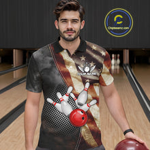Load image into Gallery viewer, Man wearing a retro American flag bowling polo shirt at a bowling alley front view.