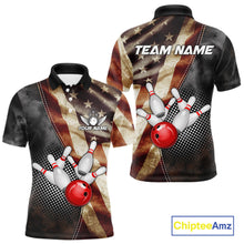 Load image into Gallery viewer, Retro American flag bowling polo shirt for men with patriotic bowling team graphics.