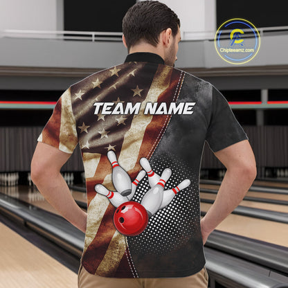Back view of man wearing a retro American flag bowling quarter zip shirt in a bowling alley.