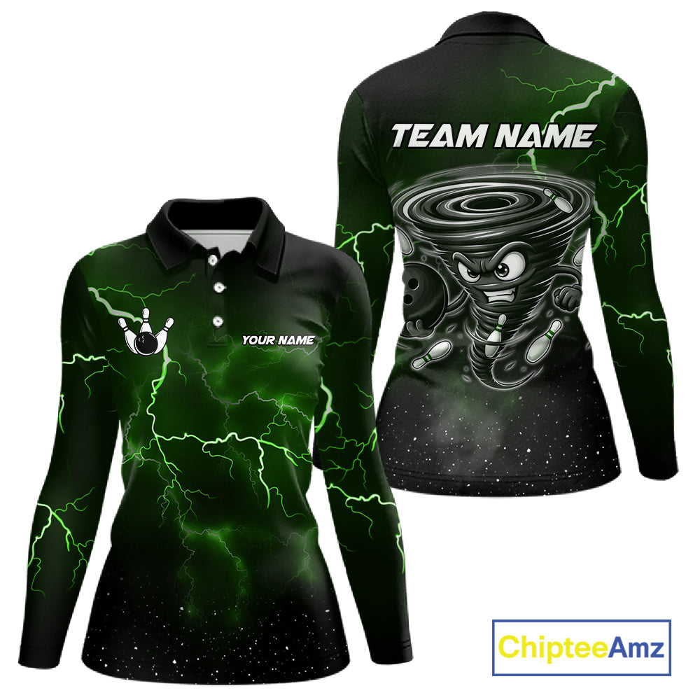 Personalized Thunder Lightning Tornado Funny Bowling Shirt For Women, Bowling Team Jersey |Green TDM5395