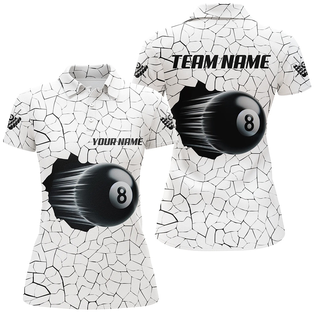 8 Ball Pool White Crack Pattern Personalized Women Billiard Polo Shirt, Funny Billiard Shirts  TDM1076