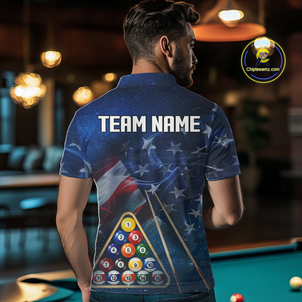 American Flag Blue Galaxy Billiard Shirt For Men Custom 8 Ball Pool Team Jersey Polo & 1/4 Zip TDM5885