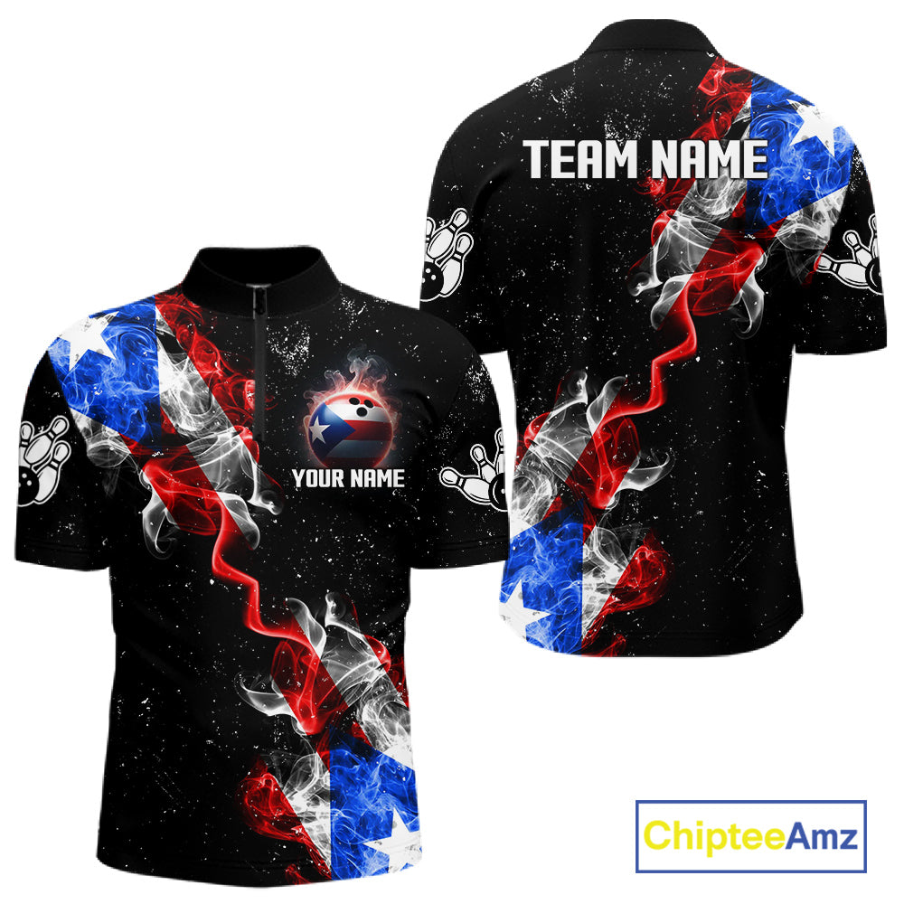 Personalize Puerto Rico Flag Smoke Bowling Shirt For Men Custom Patriotic Bowling Team Jersey TDM6022