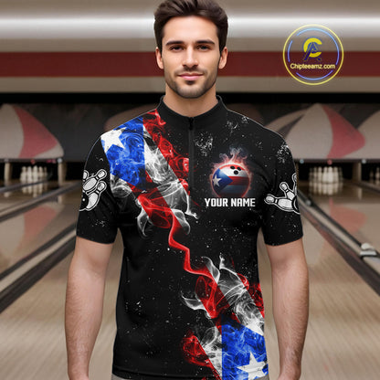 Personalize Puerto Rico Flag Smoke Bowling Shirt For Men Custom Patriotic Bowling Team Jersey TDM6022