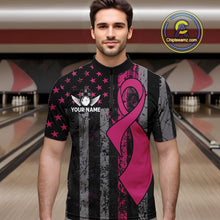 Load image into Gallery viewer, Custom Pink Ribbon Grunge American Flag Bowling Shirt For Men, Breast Cancer Bowling Team Jersey TDM6289