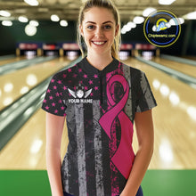 Load image into Gallery viewer, Custom Pink Ribbon Grunge American Flag Bowling Shirt For Women, Breast Cancer Bowling Team Jersey TDM6289