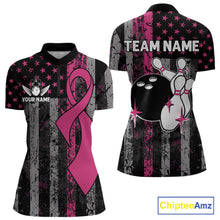 Load image into Gallery viewer, Custom Pink Ribbon Grunge American Flag Bowling Shirt For Women, Breast Cancer Bowling Team Jersey TDM6289