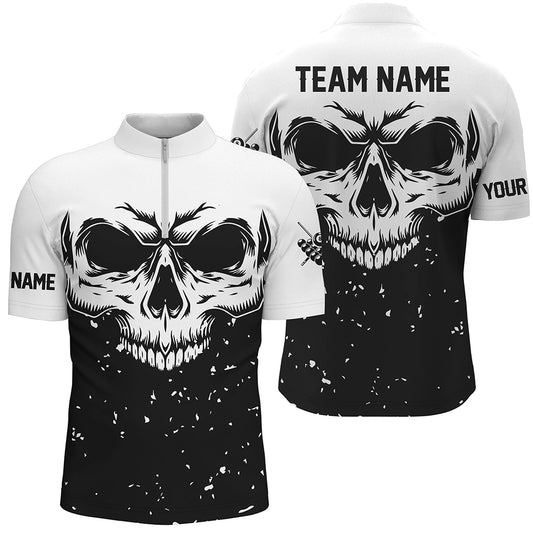 Custom Grunge Black White Skull Billiard Men Quarter-Zip Shirt, Billiards Apparel Clothing TDM0704