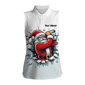 Funny Crack Wall Women Sleeveless Polo Shirts Custom Santa Playing Golf Outfit Christmas Golfing Gift TDM3177