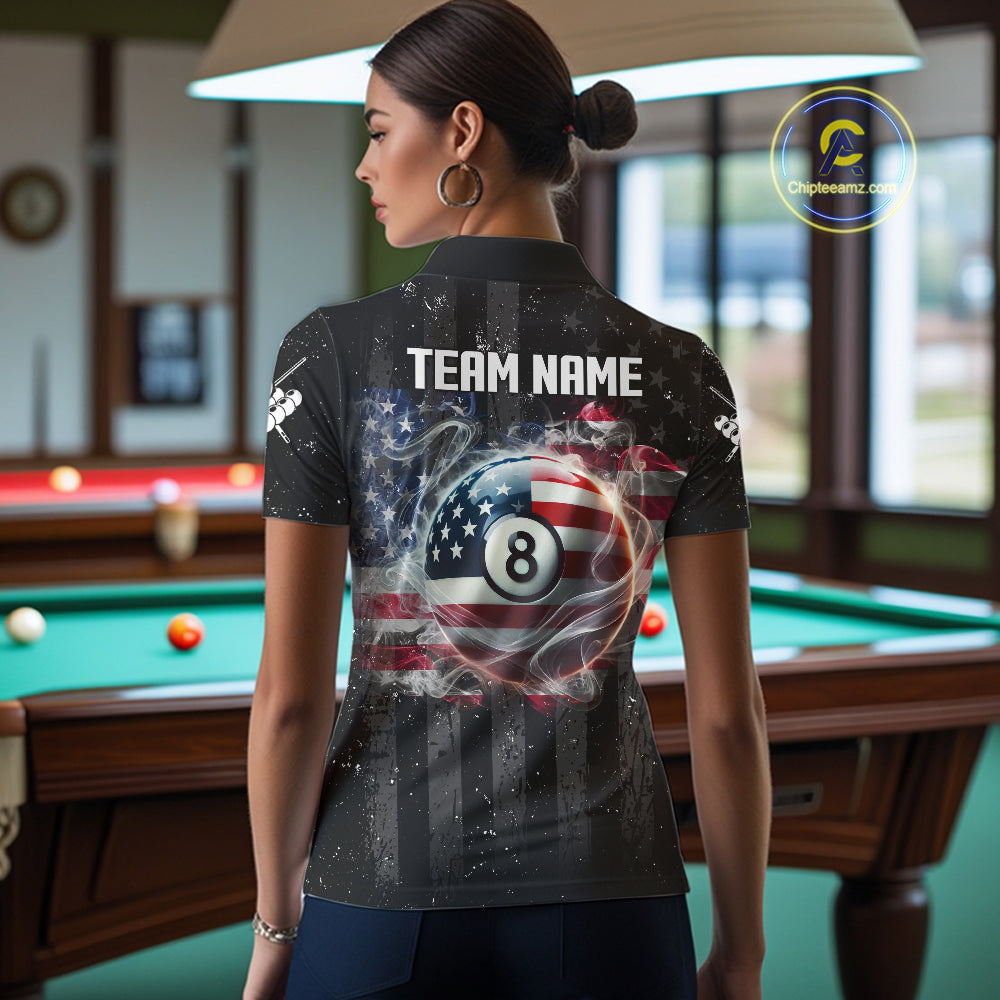 Custom US Flag Smoke 8 Ball Pool Billiard Shirt For Women, 3D Patriotic Billiard Team Jersey TDM5692