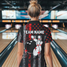 Load image into Gallery viewer, Red And Black Grunge American Flag Patriotic Bowling Shirts For Women Custom Bowling Team Jerseys TDM3696