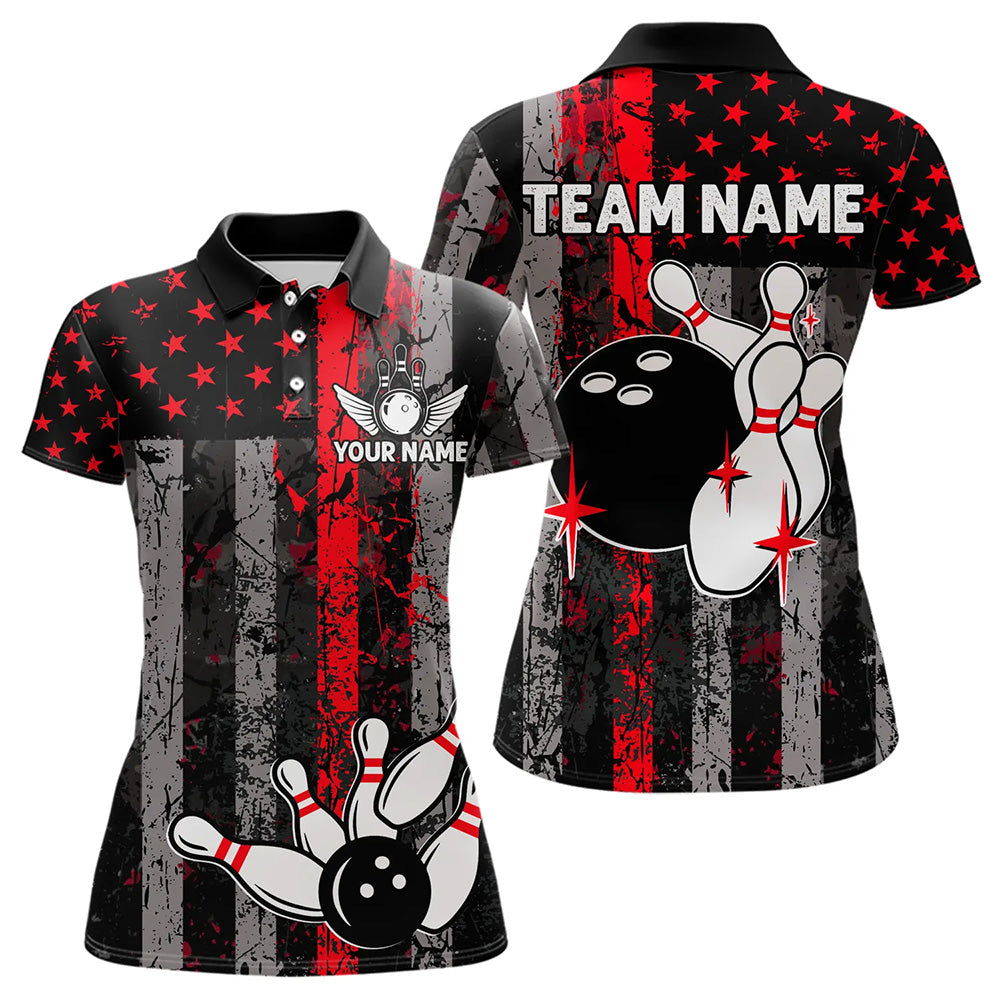 Red And Black Grunge American Flag Patriotic Bowling Shirts For Women Custom Bowling Team Jerseys TDM3696