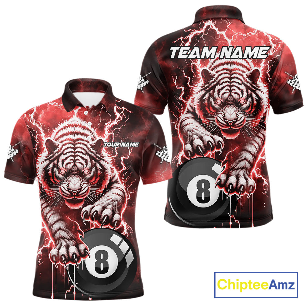 Red 8 Ball Thunder Lightning Tiger Billiard Shirt For Men Custom Pool Team Jersey Polo, 1/4 Zip TDM6037