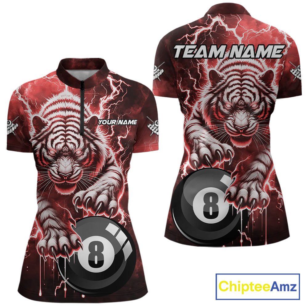 Red 8 Ball Thunder Lightning Tiger Billiard Shirt For Women Custom Pool Team Jersey Polo, 1/4 Zip TDM6037