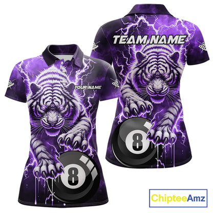 Purple 8 Ball Thunder Lightning Tiger Billiard Shirt For Women Custom Pool Team Jersey Polo, 1/4 Zip TDM6038