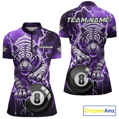 Purple 8 Ball Thunder Lightning Tiger Billiard Shirt For Women Custom Pool Team Jersey Polo, 1/4 Zip TDM6038