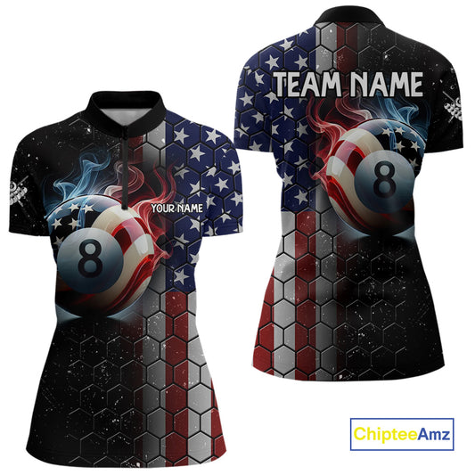 Custom Billiard Jersey For Women, 8 Ball Pool Shirt With American Flag, Billiard Polo & 1/4 Zip Shirt TDM3867