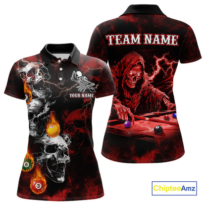 Personalized Red Smoke Skull Billiard Shirts For Women Custom Grim Reaper Billiard Jerseys TDM3869