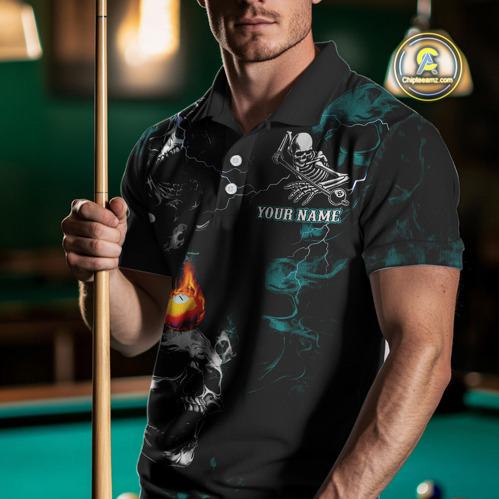 Personalized Turquoise Smoke Skull Billiard Shirts For Men Custom Grim Reaper Billiard Jerseys TDM3871