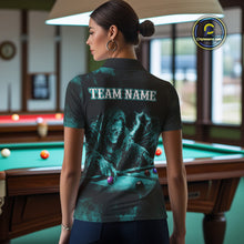 Load image into Gallery viewer, Personalized Turquoise Smoke Skull Billiard Shirts For Women Custom Grim Reaper Billiard Jerseys TDM3871