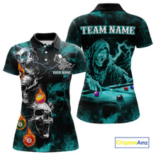 Load image into Gallery viewer, Personalized Turquoise Smoke Skull Billiard Shirts For Women Custom Grim Reaper Billiard Jerseys TDM3871