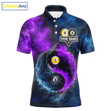 Load image into Gallery viewer, Custom Blue Purple Water Fire Billiard Shirt For Men, 8 Ball &amp; 9 Ball Pool Jersey Polo &amp; 1/4 Zip TDM6298