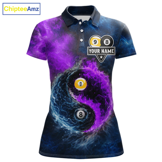 Custom Blue Purple Water Fire Billiard Shirt For Women, 8 Ball & 9 Ball Pool Jersey Polo & 1/4 Zip TDM6298