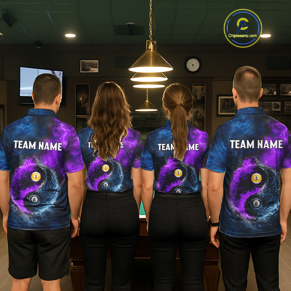 Custom Blue Purple Water Fire Billiard Shirt For Men, 8 Ball & 9 Ball Pool Jersey Polo & 1/4 Zip TDM6298