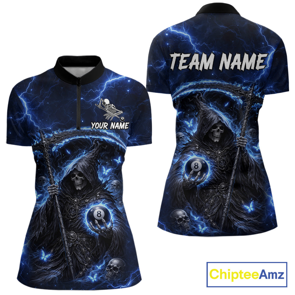 Blue 8 Ball Pool Grim Reaper Billiard Shirt For Women Custom Billiard Team Jersey Polo & 1/4 Zip TDM6300