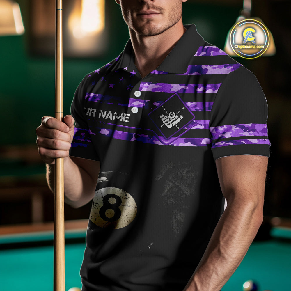 Customized Retro 8 Ball Pool Purple Camo US Flag Billiard Shirt For Men, Patriotic Billiard Jersey TDM4331
