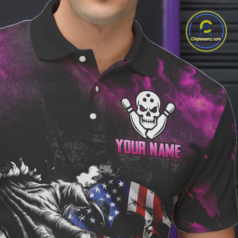 Pink Flaming American Flag Skull Bowling Shirt For Men Custom Fire Bowling Team Jersey TDM4751