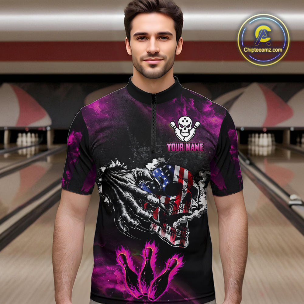Pink Flaming American Flag Skull Bowling Shirt For Men Custom Fire Bowling Team Jersey TDM4751