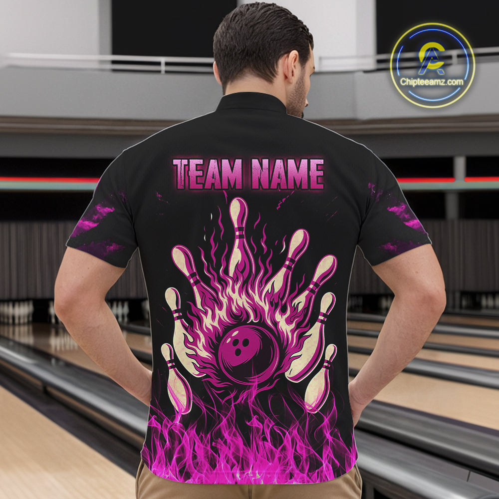 Pink Flaming American Flag Skull Bowling Shirt For Men Custom Fire Bowling Team Jersey TDM4751